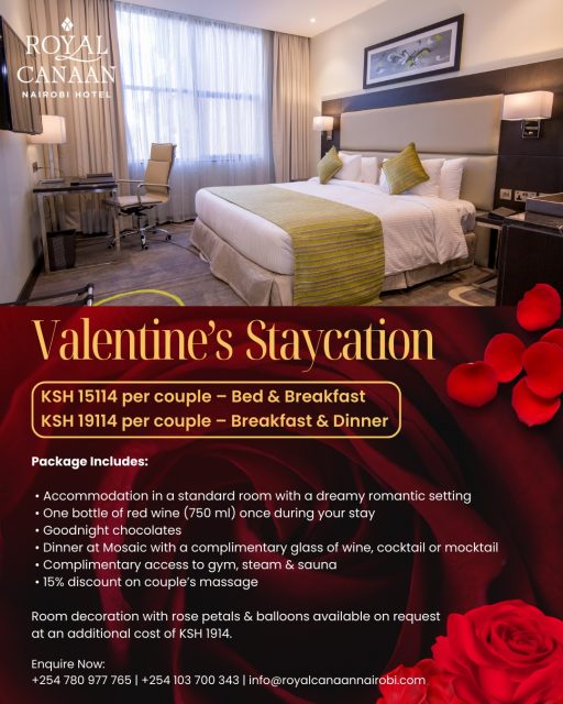 Turn Valentine’s Into a Getaway 💕

This Valentine’s, escape the routine and treat your loved one to a romantic staycation at @royalcanaannairobihotel .

From a beautifully set room and a bottle of wine, to dinner at Mosaic, chocolates, and access to the gym, steam & sauna — everything is designed for an unforgettable night together.

💑 Staycation Packages:
• KSH 15,114 per couple – Bed & Breakfast
• KSH 19,114 per couple – Bed, Breakfast & Dinner

Optional romantic room décor available.

🔰 Limited rooms available. Book early.
.
.
#ValentinesStaycation #RoyalCanaanNairobi #CouplesInNairobi #ValentinesDay #ValentinesDayGiftIdeas #RomanticGetaway #NairobiHotels