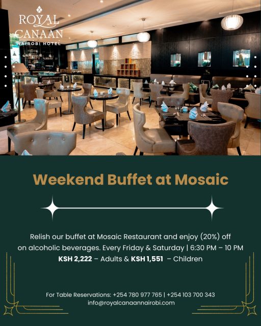The Weekend Buffet Is Back! ✨

Your favorite weekend dinner buffet returns this month at @royalcanaannairobihotel 

Enjoy a generous spread, a relaxed ambience, and 30% off alcoholic beverages—exclusively during weekend dinner. Perfect for unwinding with family, friends, or colleagues.

📅 Every Friday & Saturday from 13th February 2026
🕡 6:30 PM – 10:00 PM
💰 KES 2,222 – Adults | KES 1,551 – Children

🍷 20% OFF alcoholic beverages during weekend dinner

📞 For Table Reservations: +254 780 977 765 | +254 103 700 343
.
.
#RoyalCanaanNairobi #WeekendBuffet #MosaicRestaurant #DinnerInNairobi #NairobiBuffet #WeekendDining #FoodLovers #NairobiRestaurants #EatDrinkUnwind