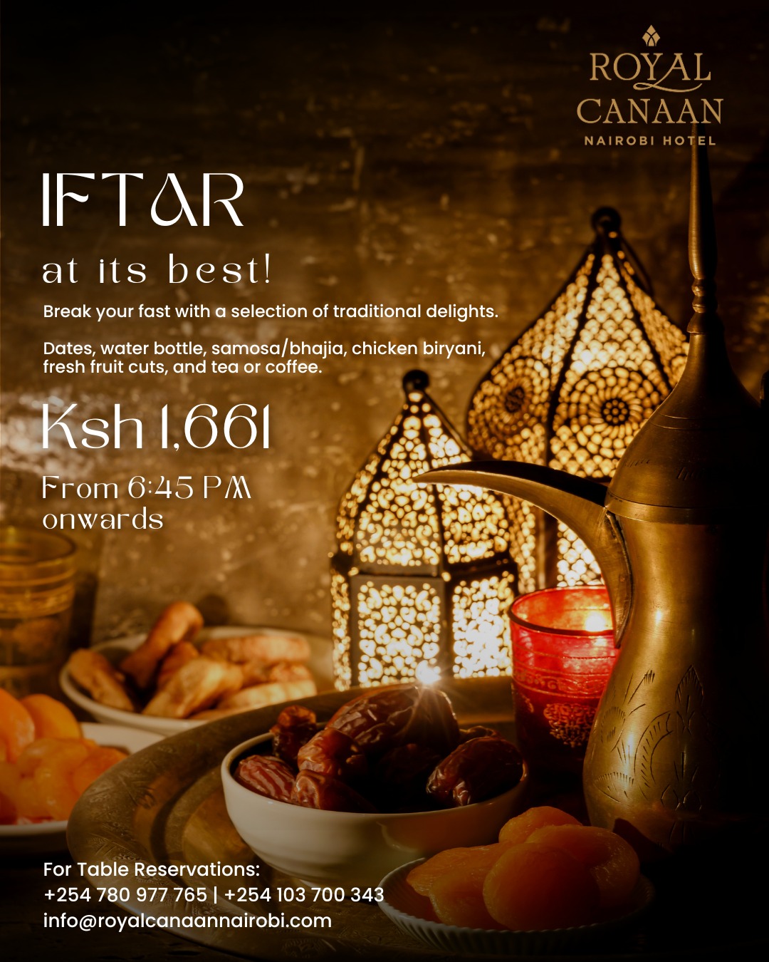 Where Every Sunset Brings Us Together.

This Ramadan, gather with family, friends, or colleagues at Mosaic Restaurant for an Iftar that blends tradition with hospitality.

A thoughtfully curated Iftar platter featuring premium dates, traditional snacks, aromatic chicken biryani, fresh fruit cuts and tea or coffee— served in an ambience that reflects the spirit of the season.

From 6:45 PM | Ksh 1,661 per person
📍 @royalcanaannairobihotel
For Reservations: 0103 700 343 or 0780 977 765
.
.
#Ramadan #Iftar #IftarIdeas #RamadanKareem #RamadanVibes #Familytime