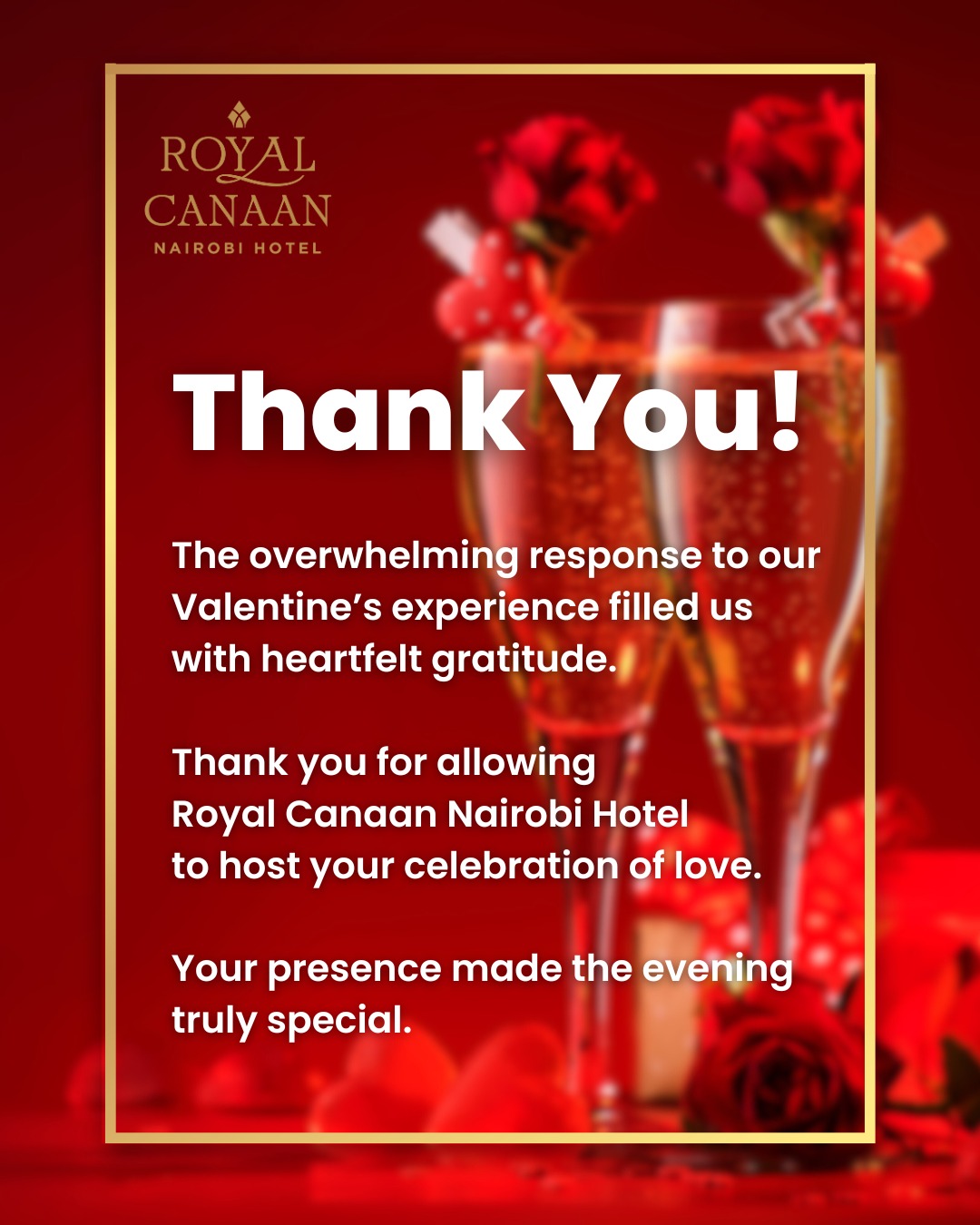 We are sincerely grateful for the overwhelming response on Valentine’s Day. 

To every guest who chose to celebrate with us - thank you for choosing us and your presence transformed the evening into something truly memorable.

To many more ! 

#RoyalCanaanNairobiHotel #ValentinesExperience #ThankYou #NairobiHotels