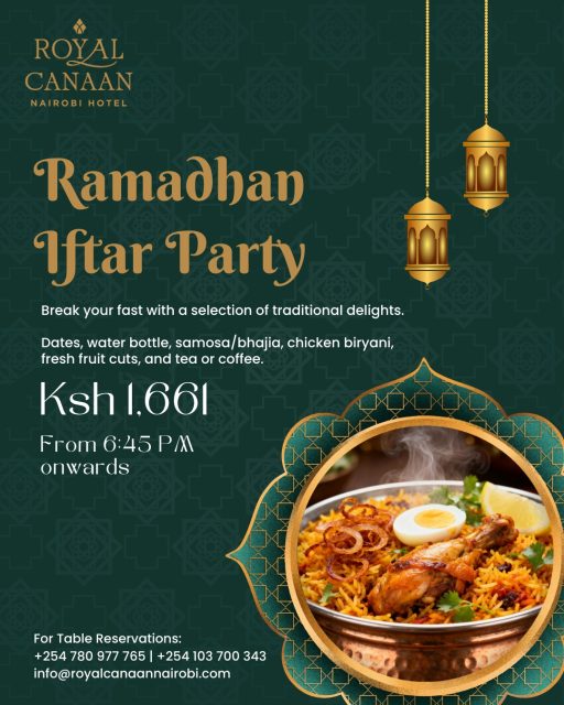 As the sun sets and the day gently comes to a close, find comfort in tradition at Mosaic Restaurant.

Our Ramadan Iftar is thoughtfully prepared to bring together flavour, warmth, and meaningful moments.

From 6:45 PM onwards | Ksh 1,661 per person

Join us this evening and share the spirit of Ramadan.
📍@royalcanaannairobihotel 
For Reservations: 0103 700 343 or 0780 977 765
.
.
#Ramadan #Iftar #IftarIdeas #RamadanKareem #IftarBuffet #iftarIdeas
