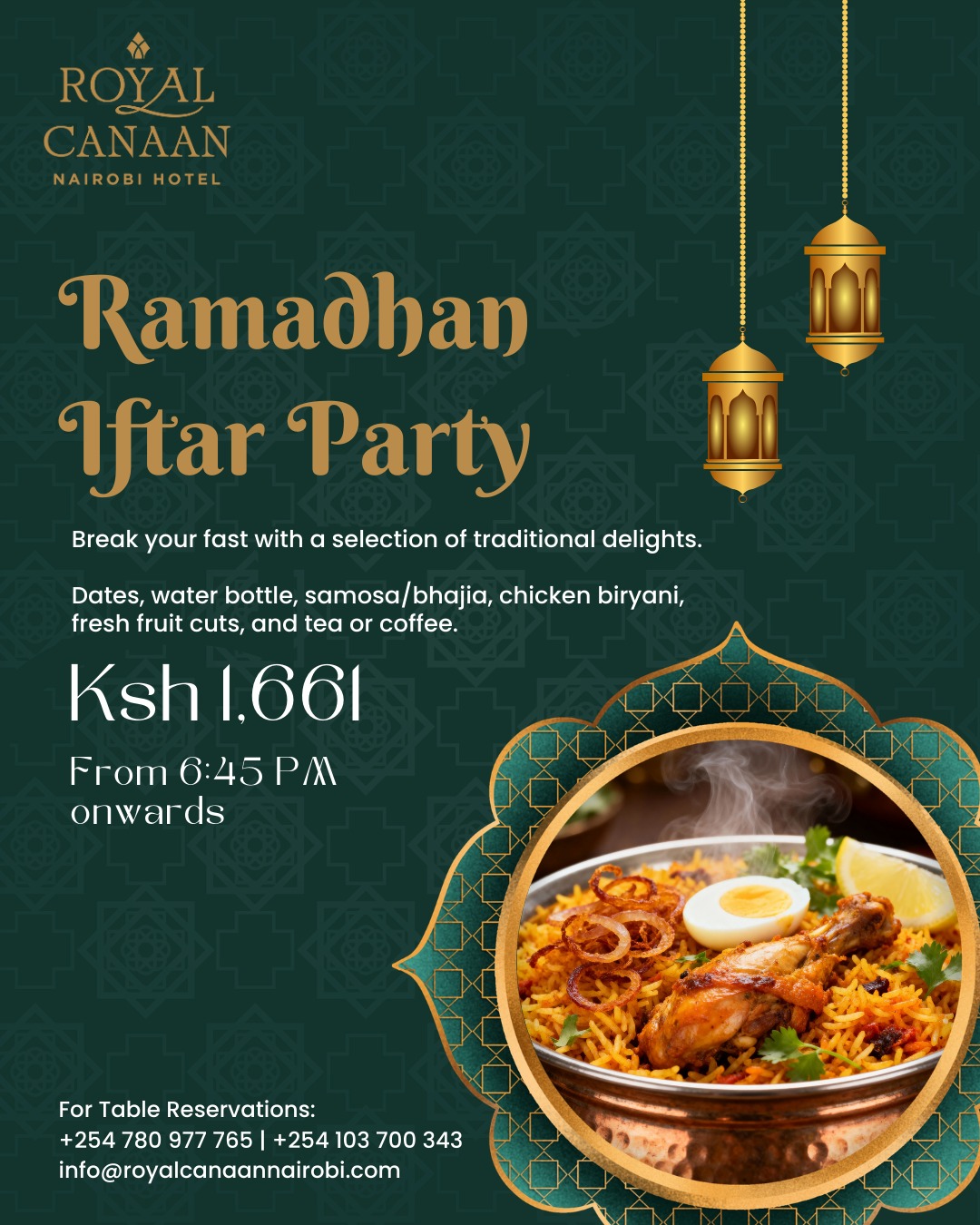 As the sun sets and the day gently comes to a close, find comfort in tradition at Mosaic Restaurant.

Our Ramadan Iftar is thoughtfully prepared to bring together flavour, warmth, and meaningful moments.

From 6:45 PM onwards | Ksh 1,661 per person

Join us this evening and share the spirit of Ramadan.
📍@royalcanaannairobihotel 
For Reservations: 0103 700 343 or 0780 977 765
.
.
#Ramadan #Iftar #IftarIdeas #RamadanKareem #IftarBuffet #iftarIdeas