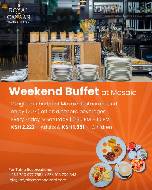 Your favorite weekend indulgence continues this March. 🍽️

The much-loved Weekend Buffet at Mosaic Restaurant is back to delight your evenings with an irresistible spread of flavors, warm hospitality, and a perfect weekend ambiance.

Join us every Friday & Saturday from 6:30 PM – 10:00 PM and enjoy a delightful buffet experience — plus 20% off on alcoholic beverages to elevate your evening (Exclusively for Buffet Diners).

KSH 2,222 – Adults & KSH 1,551 – Children

Gather your friends, family, and loved ones for a relaxed weekend dining experience at @royalcanaannairobihotel 

For Table Reservations:
📞 +254 780 977 765 | +254 103 700 343
📧 info@royalcanaannairobi.com
.
.
#RoyalCanaanNairobiHotel #MosaicRestaurant #WeekendBuffet #NairobiDining #WeekendInNairobi #BuffetExperience #BuffetLovers #NairobiRestaurants