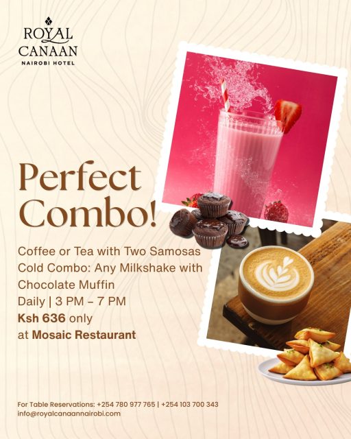 Some moments deserve the perfect pairing. ☕🥐

Step into a relaxing afternoon at Mosaic Restaurant and enjoy a delightful treat designed to brighten your day.

Choose Your Perfect Combo
• Coffee or Tea with Two Samosas
OR
• Any Milkshake with a Chocolate Muffin

All for just Ksh 636.

Join us daily from 3 PM – 7 PM for this comforting indulgence — whether you're catching up with friends, taking a break from the office, or simply treating yourself.

📍 Mosaic Restaurant, @royalcanaannairobihotel 
.
.
#RoyalCanaanNairobiHotel #MosaicRestaurant #Coffee #Tea #AfternoonTreats #CoffeeMoments #Milkshake #NairobiHotels #NairobiRestaurants
