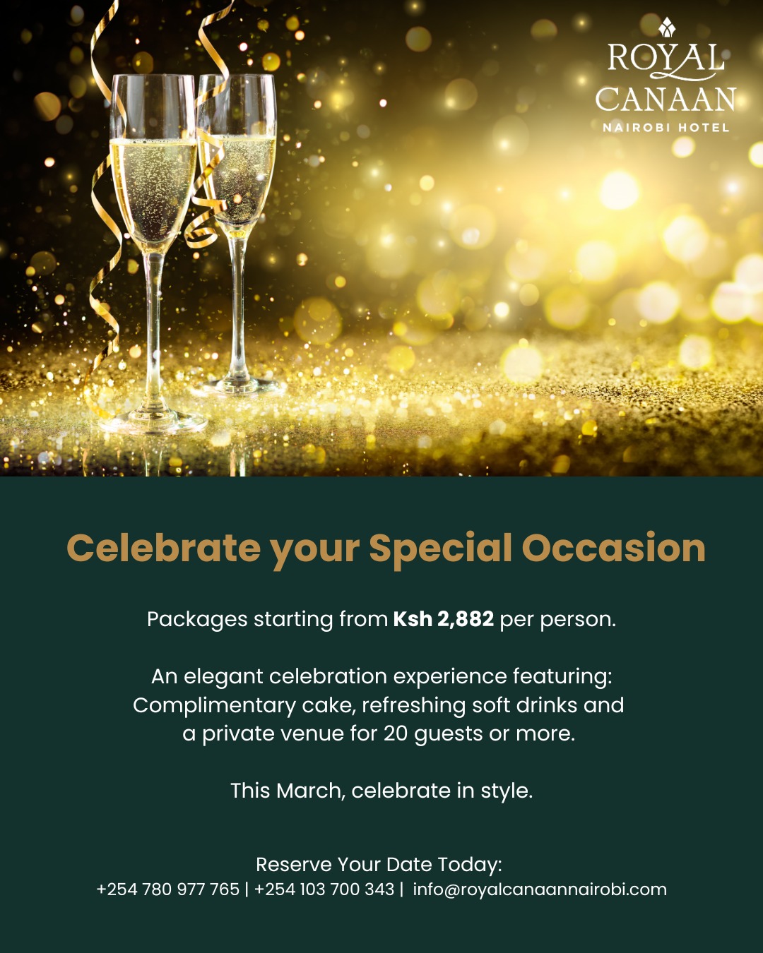 Some moments deserve more than just a celebration — they deserve the perfect setting. ✨

Gather your loved ones and let @royalcanaannairobihotel host your next birthday, anniversary, engagement or milestone celebration.

Reserve your date today:
📞 +254 780 977 765 | +254 103 700 343
📧 info@royalcanaannairobi.com
.
.
#RoyalCanaanNairobiHotel #CelebrateInStyle #NairobiEvents #SpecialMoments #EventVenue #PrivateEvents #CelebrateTogether #NairobiLifestyle #BirthdayParty #Anniversary #WeddingVenue