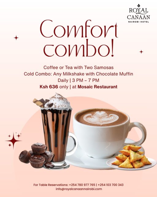 Some moments deserve the perfect pairing. ☕🥐

Step into a relaxing afternoon at Mosaic Restaurant and enjoy a delightful treat designed to brighten your day.

Choose Your Perfect Combo
• Coffee or Tea with Two Samosas
OR
• Any Milkshake with a Chocolate Muffin

All for just Ksh 636.

Join us daily from 3 PM – 7 PM for this comforting indulgence — whether you're catching up with friends, taking a break from the office, or simply treating yourself.

📍 Mosaic Restaurant, @royalcanaannairobihotel 
.
.
#RoyalCanaanNairobiHotel #MosaicRestaurant #Coffee #Tea #AfternoonTreats #CoffeeMoments #Milkshake #NairobiHotels #NairobiRestaurants