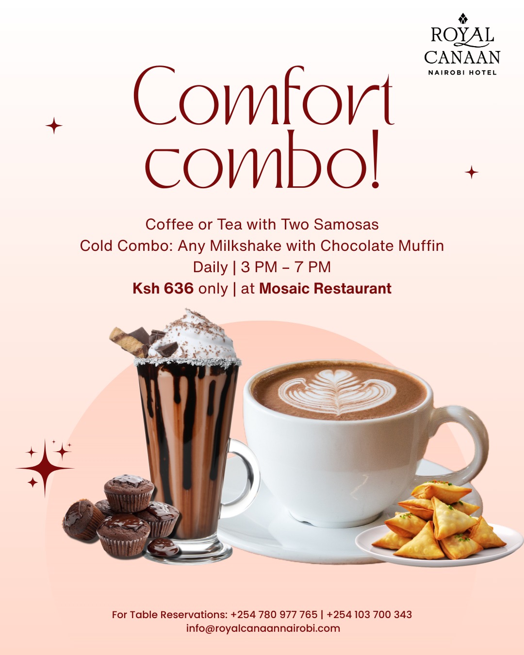 Some moments deserve the perfect pairing. ☕🥐

Step into a relaxing afternoon at Mosaic Restaurant and enjoy a delightful treat designed to brighten your day.

Choose Your Perfect Combo
• Coffee or Tea with Two Samosas
OR
• Any Milkshake with a Chocolate Muffin

All for just Ksh 636.

Join us daily from 3 PM – 7 PM for this comforting indulgence — whether you're catching up with friends, taking a break from the office, or simply treating yourself.

📍 Mosaic Restaurant, @royalcanaannairobihotel 
.
.
#RoyalCanaanNairobiHotel #MosaicRestaurant #Coffee #Tea #AfternoonTreats #CoffeeMoments #Milkshake #NairobiHotels #NairobiRestaurants