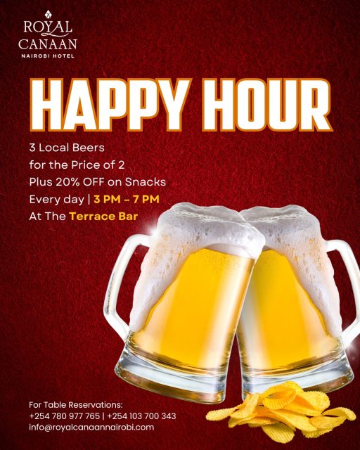 Happy Hour at @royalcanaannairobihotel | 3–7 PM | Daily at the Terrace Bar.

Enjoy our signature evening ritual: Buy 3 beers, pay for 2
+ 20% off selected snacks.

An atmosphere designed for those who appreciate quiet sophistication. Arrive early. Stay longer. 

Join us this evening.
Table reservations: +254 780 977 765
.
.
#RoyalCanaanNairobiHotel #TerraceBar #NairobiAfterHours #HappyHours #BeerLovers #Beer #Beergoals #AfterWork