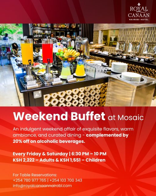 Your perfect weekend plan starts here.

Indulge in a refined buffet experience at Mosaic Restaurant — where exquisite flavors, warm ambiance, and curated dining come together effortlessly. Enjoy 20% off on alcoholic beverages as you unwind into the evening.

📅 Every Friday & Saturday | 6:30 PM – 10 PM
💰 KSH 2,222 (Adults) | KSH 1,551 (Children)

Limited seating. Reserve your table today.

📞+254 780 977 765 | +254 103 700 343
📧 info@royalcanaannairobi.com
.
.
#RoyalCanaanNairobiHotel #MosaicRestaurant #WeekendBuffet #NairobiDining #WeekendInNairobi #BuffetExperience #FoodLoversNairobi #DineInNairobi #NairobiRestaurants 
@royalcanaannairobihotel