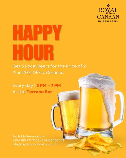 Happy Hour at @royalcanaannairobihotel | 3–7 PM | Daily at the Terrace Bar.

Enjoy our signature evening ritual: Buy 3 beers, pay for 2
+ 20% off selected snacks.

An atmosphere designed for those who appreciate quiet sophistication. Arrive early. Stay longer. 

Join us this April.
Table reservations: +254 780 977 765
.
.
#RoyalCanaanNairobiHotel #TerraceBar #NairobiAfterHours #HappyHours #BeerLovers #Beer #Beergoals #AfterWork