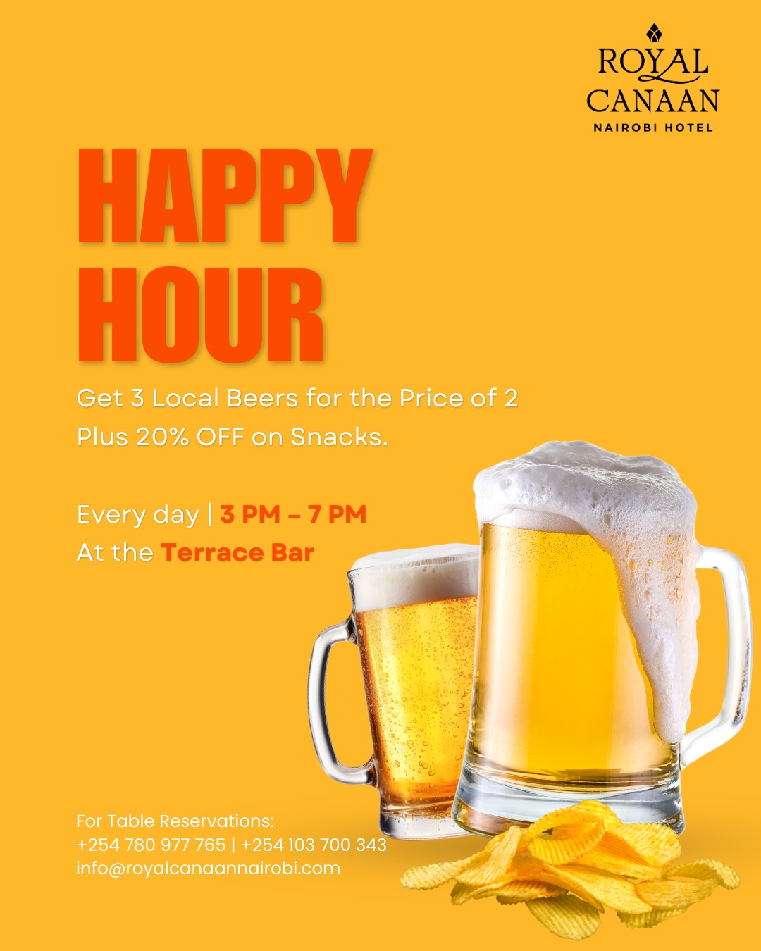 Happy Hour at @royalcanaannairobihotel | 3–7 PM | Daily at the Terrace Bar.

Enjoy our signature evening ritual: Buy 3 beers, pay for 2
+ 20% off selected snacks.

An atmosphere designed for those who appreciate quiet sophistication. Arrive early. Stay longer. 

Join us this April.
Table reservations: +254 780 977 765
.
.
#RoyalCanaanNairobiHotel #TerraceBar #NairobiAfterHours #HappyHours #BeerLovers #Beer #Beergoals #AfterWork