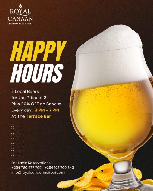 Happy Hour at @royalcanaannairobihotel | 3–7 PM | Daily at the Terrace Bar.

Enjoy our signature evening ritual: Buy 3 beers, pay for 2 + 20% off selected snacks.

An atmosphere designed for those who appreciate quiet sophistication. Arrive early. Stay longer. 

Join us this evening.
Table reservations: +254 780 977 765
.
.
#RoyalCanaanNairobiHotel #TerraceBar #NairobiAfterHours #HappyHours #BeerLovers #Beer #Beergoals #AfterWork