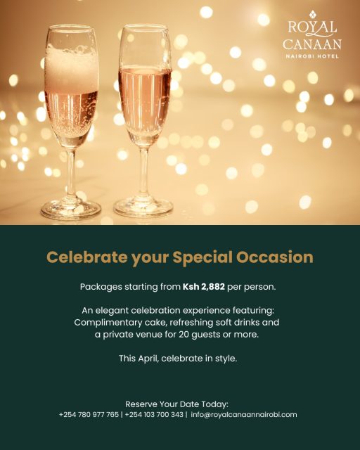 Some moments deserve more than just a celebration — they deserve the perfect setting. ✨

Gather your loved ones and let @royalcanaannairobihotel host your next birthday, anniversary, engagement or milestone celebration.

Reserve your date today:
📞 +254 780 977 765 | +254 103 700 343
📧 info@royalcanaannairobi.com
.
.
#RoyalCanaanNairobiHotel #CelebrateInStyle #NairobiEvents #SpecialMoments #EventVenue #PrivateEvents #CelebrateTogether #NairobiLifestyle #BirthdayParty #Anniversary #WeddingVenue