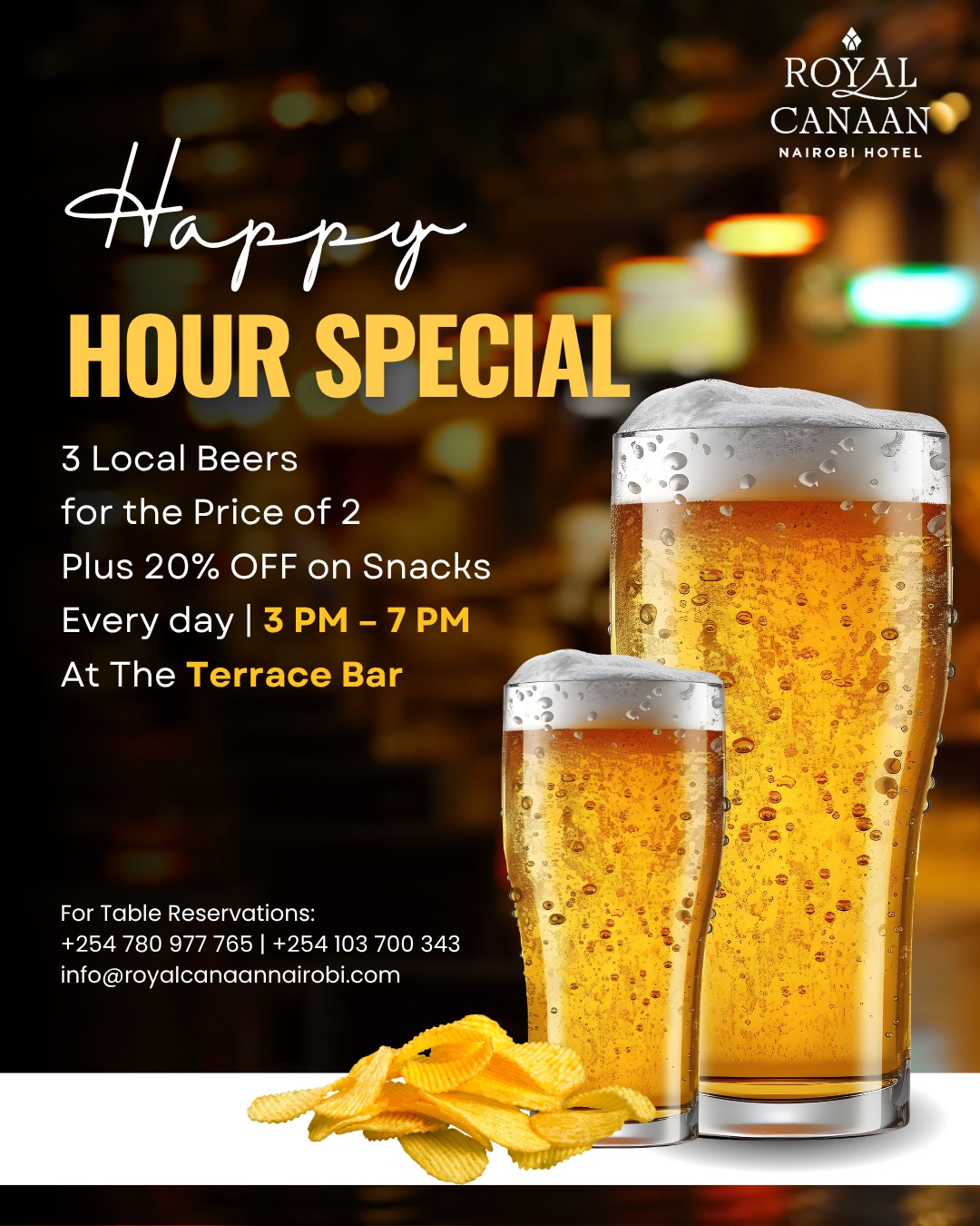Happy Hour at @royalcanaannairobihotel | 3–7 PM | Daily at the Terrace Bar.

Enjoy our signature evening ritual: Buy 3 beers, pay for 2
+ 20% off selected snacks.

An atmosphere designed for those who appreciate quiet sophistication. Arrive early. Stay longer. 

Join us this April.
For Table Reservations: +254 780 977 765
.
.
#RoyalCanaanNairobiHotel #TerraceBar #NairobiAfterHours #HappyHours #BeerLovers #Beer #Beergoals #AfterWork