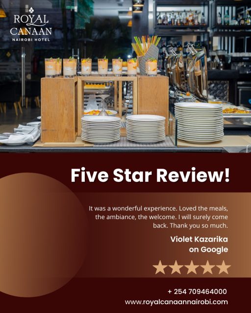 “Loved the meals, the ambiance, the welcome…” ⭐⭐⭐⭐⭐
Thank you Ms. Violet Kazarika. We look forward to welcoming you agan. 

When our esteemed guests say it best — we simply invite you to experience it yourself. 

Our Weekend Buffet (Every Friday & Saturday) is curated for those who appreciate great food, elegant ambiance, and exceptional hospitality.

Tables fill up fast — secure yours today.

Reserve Your Table:
📞 +254 709 464 000
🌐 www.royalcanaannairobi.com
.
.
#FiveStarReview #FiveStarExperience #RoyalCanaanNairobiHotel #GuestFeedback #GuestAppreciation #WeekendBuffet #BuffetLovers #DinnerIdeas