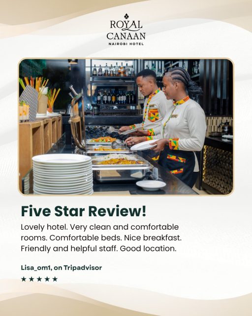Moments like these remind us why we do what we do.

A sincere thank you to Ms. Lisa (Lisa_om1) for your wonderful review and for choosing @RoyalCanaanNairobiHotel. We’re delighted you enjoyed our comfortable rooms, breakfast experience, and the warm hospitality of our team. Your kind words truly mean everything to us.

We look forward to welcoming you back for another memorable stay.

👉Planning your next visit?
Book directly with us for the best available rates and exclusive benefits.
🌐 www.royalcanaannairobi.com 📞 0780 977 765
.
.
#RoyalCanaanNairobiHotel #FiveStarExperience #GuestFeedback #NairobiHotels #StayInNairobi #HospitalityMatters #BookDirect #GuestAppreciation #FiveStarReview