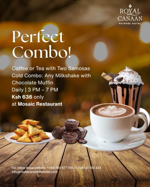 Some moments deserve the perfect pairing. ☕🥐

Step into a relaxing afternoon at Mosaic Restaurant and enjoy a delightful treat designed to brighten your day.

Choose Your Perfect Combo
• Coffee or Tea with Two Samosas OR
• Any Milkshake with a Chocolate Muffin
All for just Ksh 636.

Join us daily from 3 PM – 7 PM for this comforting indulgence — whether you're catching up with friends, taking a break from the office, or simply treating yourself.

📍 Mosaic Restaurant, @royalcanaannairobihotel 
📞 For Table Reservations: 0780 977 765
.
.
#RoyalCanaanNairobiHotel #MosaicRestaurant #Coffee #Tea #AfternoonTreats #CoffeeMoments #Milkshake #NairobiHotels #NairobiRestaurants