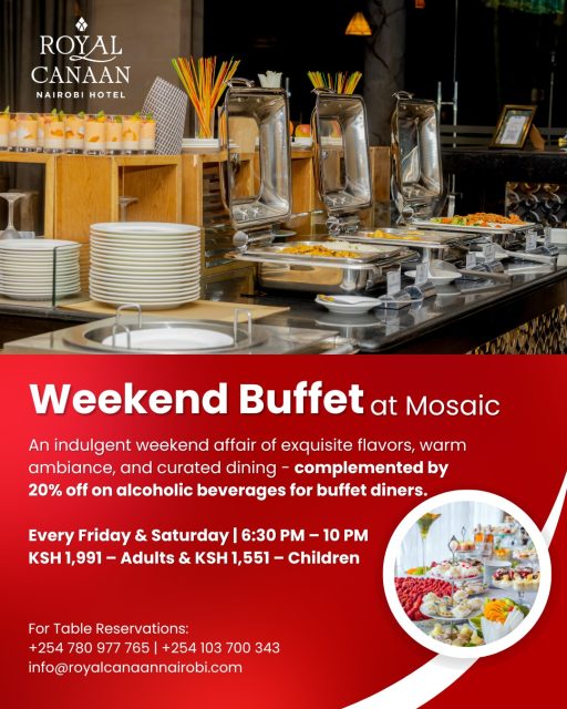 Your weekend plans just got better. 🍽️

Indulge in a refined buffet experience at Mosaic Restaurant, @royalcanaannairobihotel - where great food, warm ambiance, and curated flavors come together effortlessly.

🔰 Now at new May rates:
👉Ksh 1,991 (Adults) | Ksh 1,551 (Children)
👉Exclusive 20% off alcoholic beverages for buffet diners!

Every Friday & Saturday | 6:30 PM – 10 PM
💬 "DM Us" to reserve your table instantly
(Limited seating each weekend)

📞+254 780 977 765 | +254 103 700 343
📧 info@royalcanaannairobi.com
.
.
#RoyalCanaanNairobiHotel #WeekendBuffet #NairobiDining #BuffetOffers #BuffetLovers #Foodies #WeekendPlans #DineIn