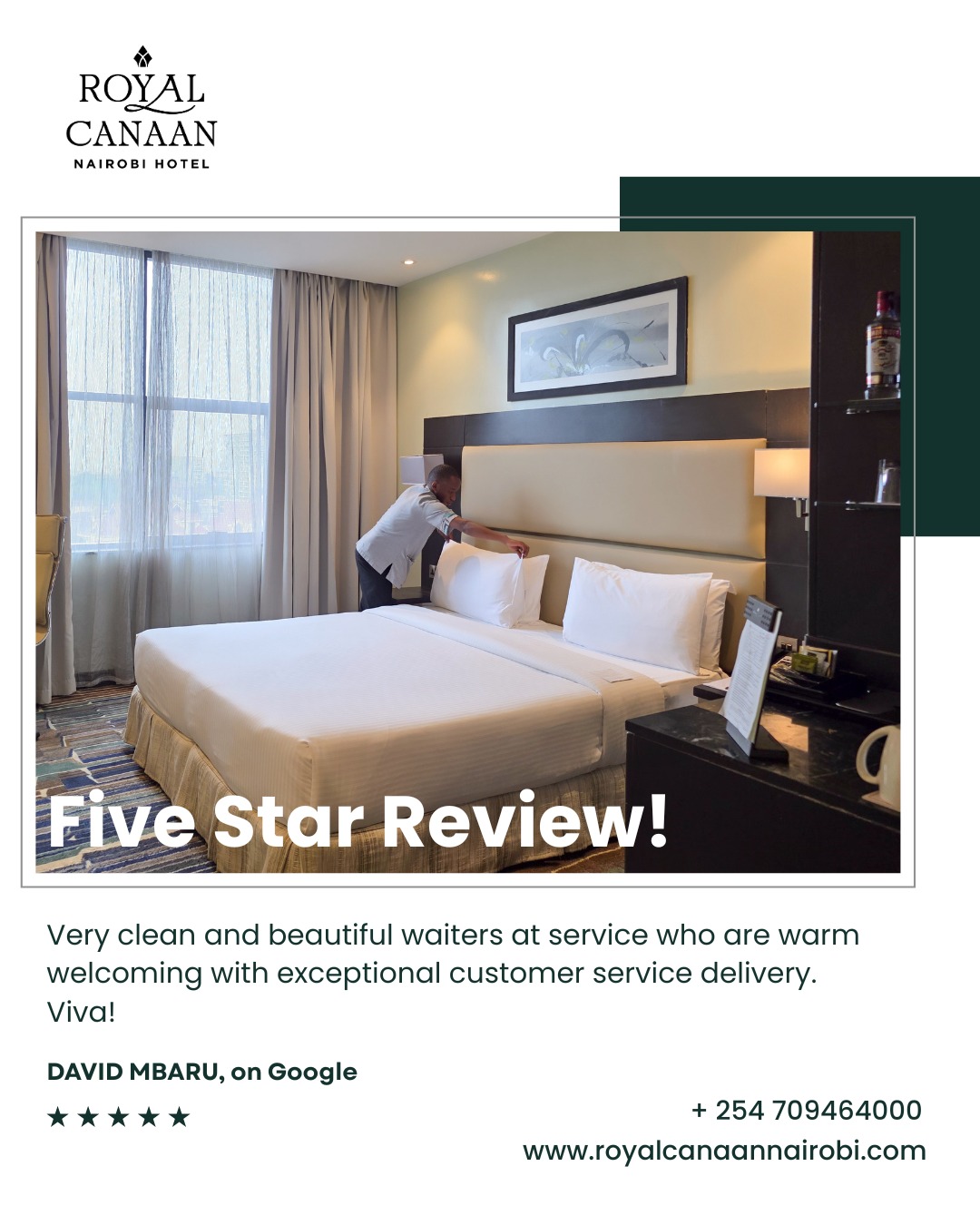 True hospitality is felt in the little details.

A heartfelt thank you to Mr. David Mbaru for your wonderful review and for recognizing the cleanliness, warmth, and dedication of our team. Your kind words about our service truly inspire us to keep delivering exceptional experiences every day.

We look forward to welcoming you back to @royalcanaannairobihotel for another memorable stay.

🔰 Planning your next visit?
Book directly with us for the best available rates and exclusive value.
🌐 www.royalcanaannairobi.com 📞 +254 709 464000
.
.
#RoyalCanaanNairobiHotel #GuestFeedback #GuestSatisfaction #FiveStarReview #GuestExperience #HospitalityExcellence #StayInNairobi #BookDirect #bestratesavailablehere
