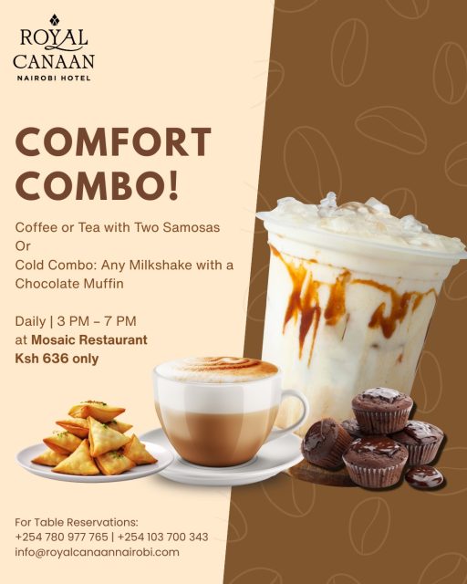 Some moments deserve the perfect pairing. ☕🥐

Step into a relaxing afternoon at Mosaic Restaurant and enjoy a delightful treat designed to brighten your day.

Choose Your Perfect Combo
• Coffee or Tea with Two Samosas OR
• Any Milkshake with a Chocolate Muffin

All for just Ksh 636.

Join us daily from 3 PM – 7 PM for this comforting indulgence — whether you're catching up with friends, taking a break from the office, or simply treating yourself.

📍 Mosaic Restaurant, @royalcanaannairobihotel 
📞 For Table Reservations: 0780 977 765
.
.
#RoyalCanaanNairobiHotel #MosaicRestaurant #Coffee #Tea #AfternoonTreats #CoffeeMoments #Milkshake #NairobiHotels #NairobiRestaurants
