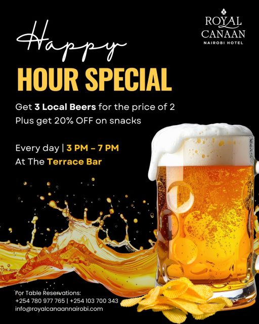 Happy Hour at @royalcanaannairobihotel | 3–7 PM | Daily at the Terrace Bar.

Enjoy our signature evening ritual: Buy 3 beers, pay for 2
+ 20% off selected snacks.

An atmosphere designed for those who appreciate quiet sophistication. Arrive early. Stay longer. 

Join us | For Table Reservations: +254 780 977 765
.
.
#RoyalCanaanNairobiHotel #TerraceBar #NairobiAfterHours #HappyHours #BeerLovers #Beer #Beergoals #AfterWork