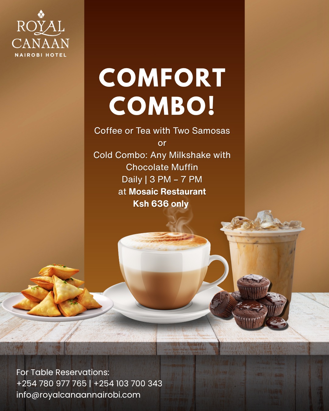 Sometimes, the perfect break is simple. ☕

Pause your day and enjoy our comforting combo at Mosaic Restaurant — whether you prefer a warm cup of coffee or tea with crispy samosas, or a refreshing milkshake paired with a rich chocolate muffin, we’ve got your cravings covered.

🕒 Daily | 3 PM – 7 PM
📍 Mosaic Restaurant, @royalcanaannairobihotel 
💰 Ksh 636 only

Join us for a relaxed afternoon filled with flavour, comfort, and good moments.
📞 Reserve your table: +254 780 977 765 | +254 103 700 343
.
.
#RoyalCanaanNairobiHotel #MosaicRestaurant #Coffee #Tea #AfternoonTreats #CoffeeMoments #Milkshake #NairobiHotels #NairobiRestaurants #Muffins #samosa