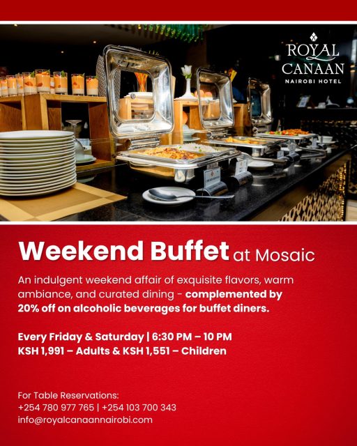 Weekend indulgence starts at Mosaic Restaurant. 🍽️

Gather your family, friends, or colleagues for an exquisite dining experience filled with curated flavors, warm ambiance, and exceptional hospitality at @royalcanaannairobihotel .

🔰 Weekend Buffet
📍 Every Friday & Saturday ⏰ 6:30 PM – 10:00 PM

🍷 Plus enjoy 20% off alcoholic beverages for buffet diners.

💬 Send us a message now to reserve your table.
Limited seating available every weekend.

📞 +254 780 977 765 | +254 103 700 343
📧 info@royalcanaannairobi.com
.
.
#RoyalCanaanNairobiHotel #WeekendBuffet #NairobiDining #BuffetNairobi #Buffet #WeekendPlans #DineIn #RestaurantOffers