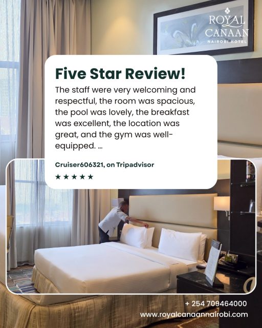 Every memorable stay begins with genuine hospitality. ✨

A heartfelt thank you to Cruiser606321 for sharing such a wonderful review and for choosing @royalcanaannairobihotel . 

We are delighted to know you enjoyed our spacious rooms, welcoming team, breakfast experience, pool, gym facilities, and convenient location. Your kind words truly motivate us to continue creating exceptional guest experiences.

We look forward to welcoming you back again soon.

🌐 Book directly on our website. Best Rates Guaranteed
www.royalcanaannairobi.com 📞 +254 709 464000
.
.
#RoyalCanaanNairobiHotel #FiveStarReview #GuestExperience #HospitalityExcellence #BookDirect #BestRates #NairobiHotels #StayInNairobi #GuestExperience #GuestReview