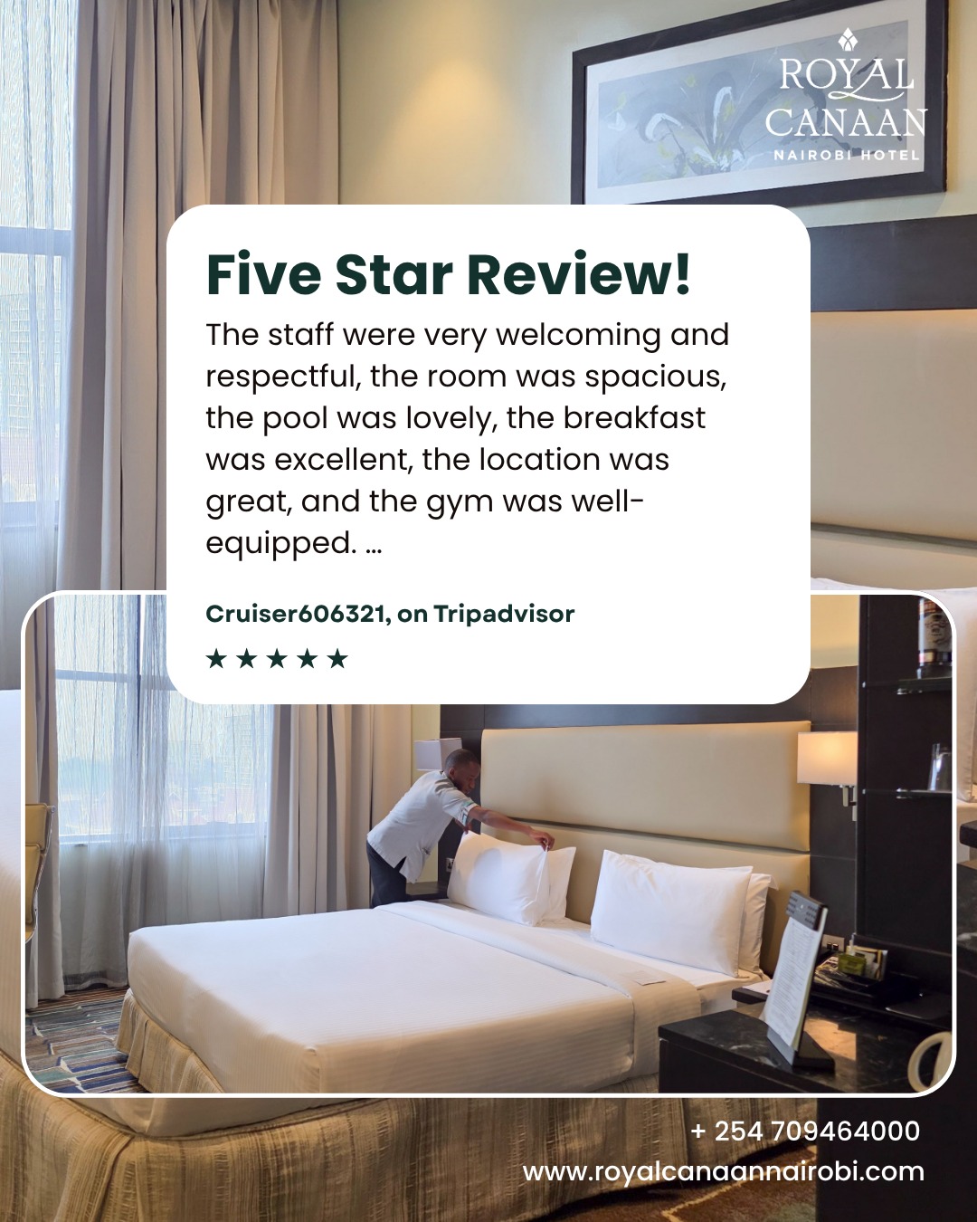 Every memorable stay begins with genuine hospitality. ✨

A heartfelt thank you to Cruiser606321 for sharing such a wonderful review and for choosing @royalcanaannairobihotel . 

We are delighted to know you enjoyed our spacious rooms, welcoming team, breakfast experience, pool, gym facilities, and convenient location. Your kind words truly motivate us to continue creating exceptional guest experiences.

We look forward to welcoming you back again soon.

🌐 Book directly on our website. Best Rates Guaranteed
www.royalcanaannairobi.com 📞 +254 709 464000
.
.
#RoyalCanaanNairobiHotel #FiveStarReview #GuestExperience #HospitalityExcellence #BookDirect #BestRates #NairobiHotels #StayInNairobi #GuestExperience #GuestReview