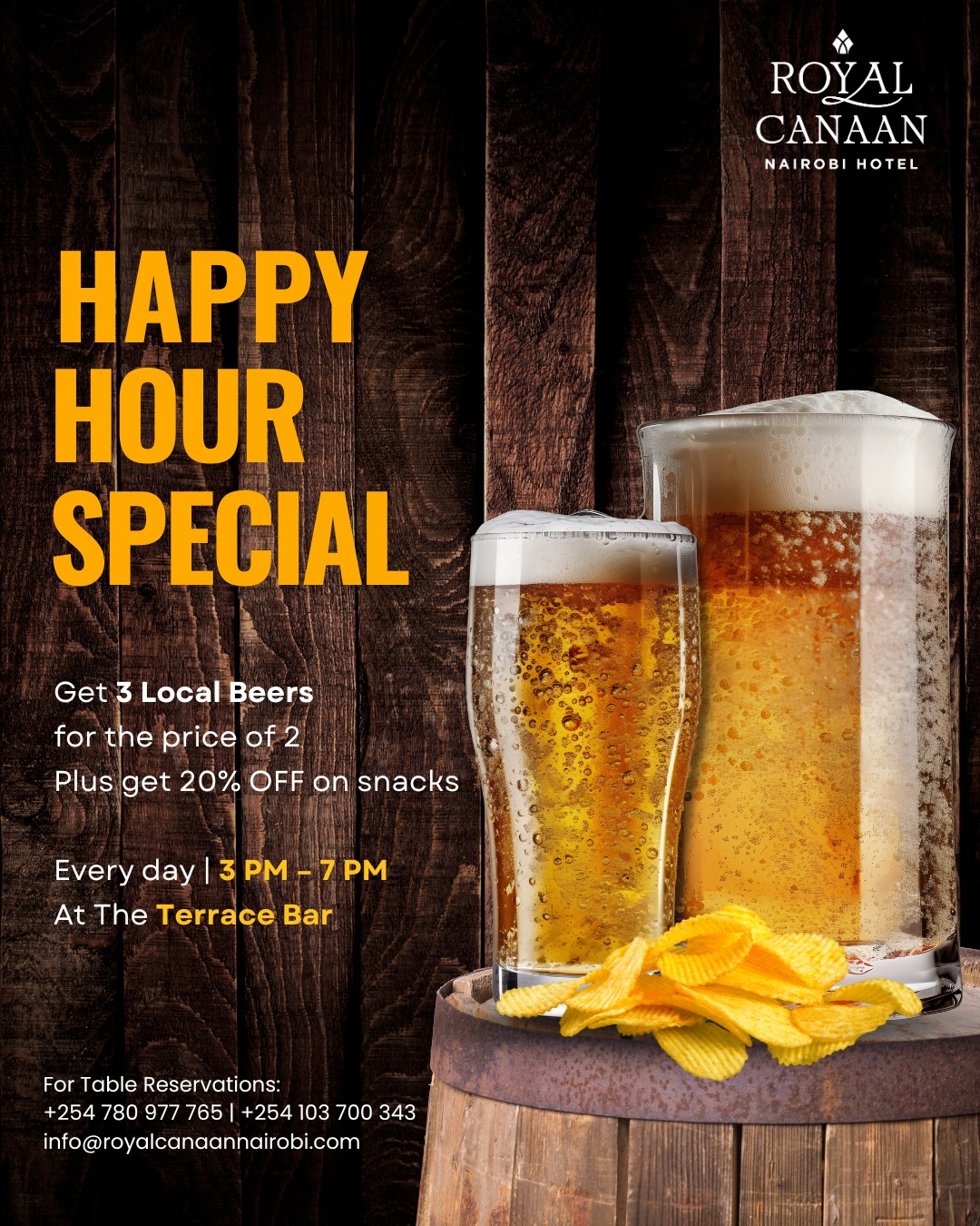 Happy Hour at @royalcanaannairobihotel | 3–7 PM | Daily at the Terrace Bar.

Enjoy our signature evening ritual: Buy 3 beers, pay for 2
+ 20% off selected snacks.

An atmosphere designed for those who appreciate quiet sophistication. Arrive early. Stay longer. 

Join us | For Table Reservations: +254 780 977 765
.
.
#RoyalCanaanNairobiHotel #TerraceBar #NairobiAfterHours #HappyHours #BeerLovers #Beer #Beergoals #AfterWork