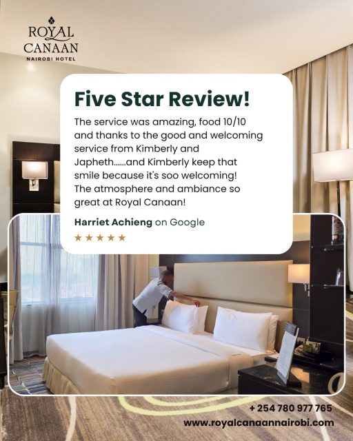 #MondayMotivation! There’s nothing more rewarding than knowing we helped create a memorable holiday experience for our guests.

A heartfelt thank you to Harriet Achieng for your wonderful review and for choosing @royalcanaannairobihotel for your stay. 

We are delighted that you enjoyed the warm hospitality, welcoming service, delicious food, and relaxing ambiance that made your holiday special. Your kind words inspire our team to keep delivering exceptional experiences every day.

Planning your next #Nairobi getaway as a couple or with loved ones?

🌐 Book Direct | Lowest Rates on our Website: https://royalcanaannairobi.com (link in bio)
📲 WhatsApp: 0780 977 765
.
.
#RoyalCanaanNairobiHotel #GuestReview #NairobiHotels #CouplesGetaway #HolidayInNairobi #BookDirect #GuestExperience #BestRatesGuaranteed #FiveStarReview