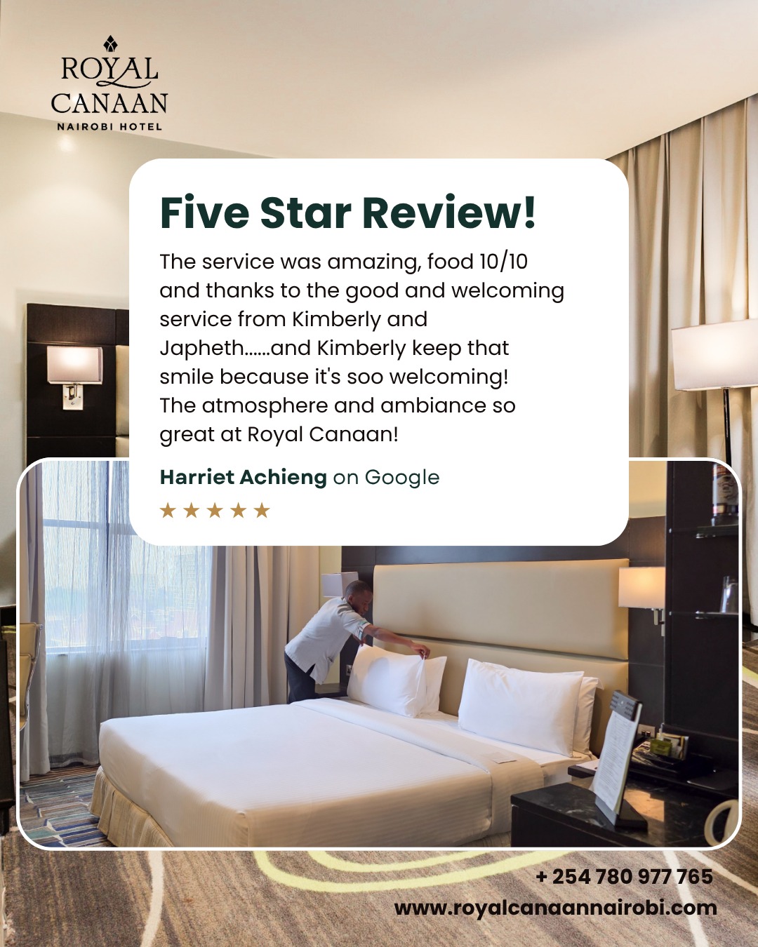 #MondayMotivation! There’s nothing more rewarding than knowing we helped create a memorable holiday experience for our guests.

A heartfelt thank you to Harriet Achieng for your wonderful review and for choosing @royalcanaannairobihotel for your stay. 

We are delighted that you enjoyed the warm hospitality, welcoming service, delicious food, and relaxing ambiance that made your holiday special. Your kind words inspire our team to keep delivering exceptional experiences every day.

Planning your next #Nairobi getaway as a couple or with loved ones?

🌐 Book Direct | Lowest Rates on our Website: https://royalcanaannairobi.com (link in bio)
📲 WhatsApp: 0780 977 765
.
.
#RoyalCanaanNairobiHotel #GuestReview #NairobiHotels #CouplesGetaway #HolidayInNairobi #BookDirect #GuestExperience #BestRatesGuaranteed #FiveStarReview
