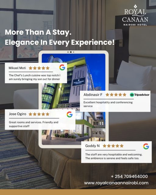 #WeekendMotivation ✨

The true measure of hospitality is not what we say about ourselves, but what our guests say about us.

From memorable dining experiences and comfortable stays to exceptional conferencing services and warm, attentive hospitality, these wonderful reviews remind us why we do what we do every day. 💚

To Mikael, Jose, Abdinasir, Goddy, and all our valued guests — thank you for your trust, your kind words, and for making @royalcanaannairobihotel part of your journey. Your feedback inspires us to keep raising the bar.

Whether you're visiting #Nairobi for business, leisure, or a family getaway, we look forward to welcoming you with the elegance, comfort, and hospitality that our guests love.

🌐 Book Direct for the best available rates:
https://royalcanaannairobi.com (link in bio)
.
.
#RoyalCanaanNairobiHotel #WeekendMotivation #GuestReviews #GuestFeedback #FiveStarReviews #BookDirect #NairobiHotels #HotelLife #WeekendGetaway #Staycation #BusinessTravel #LeisureTravel