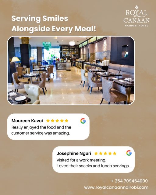 ✨ #MidweekMotivation 

The best meals are remembered long after the last bite—not just for the food, but for the experience.

We're grateful to Ms. Moureen Kavoi and Ms. Josephine Nguri for their wonderful feedback. From delicious lunch offerings and snacks to warm, attentive service, it's always our pleasure to create moments that leave our guests smiling.

Whether you're joining us for a business meeting, a working lunch, or simply a great meal with family and friends, at @royalcanaannairobihotel we're ready to welcome you with exceptional hospitality and flavors worth returning for.

🌐 Book Direct: https://royalcanaannairobi.com
📲 WhatsApp us: 0780 977 765
.
.
#MidweekMotivation #RoyalCanaanNairobiHotel #GuestReview #GuestFeedback #HappyGuests #BookDirect