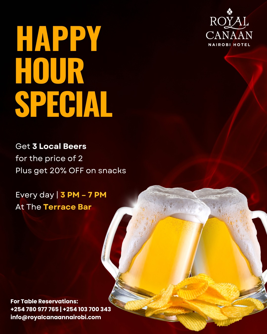 Happy Hour at @royalcanaannairobihotel | 3–7 PM | Daily at Terrace Bar.

🔰 Enjoy our signature evening ritual: Buy 3 beers, pay for 2
+ 20% off selected snacks.

An atmosphere designed for those who appreciate quiet sophistication. Arrive early. Stay longer. 

Join us | For Table Reservations: +254 780 977 765
.
.
#RoyalCanaanNairobiHotel #TerraceBar #NairobiAfterHours #HappyHours #BeerLovers #Beer #Beergoals #AfterWork