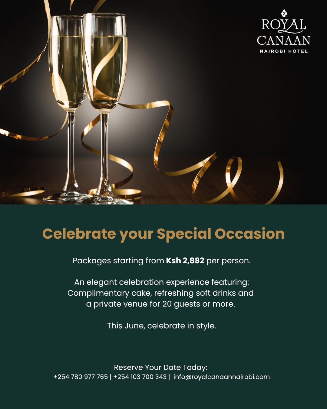 Every celebration deserves a setting to match the moment. ✨🥂

From birthdays and anniversaries to graduations and family gatherings, celebrate in style at @royalcanaannairobihotel from just Ksh 2,882 per person.

📞 Book your date today: +254 780 977 765
.
.
#RoyalCanaanNairobiHotel #CelebrateInStyle #SpecialOccasions #NairobiEvents #BirthdayCelebration #AnniversaryCelebration #PrivateEvents #DirectBookings #NairobiHotel #CelebrateWithUs