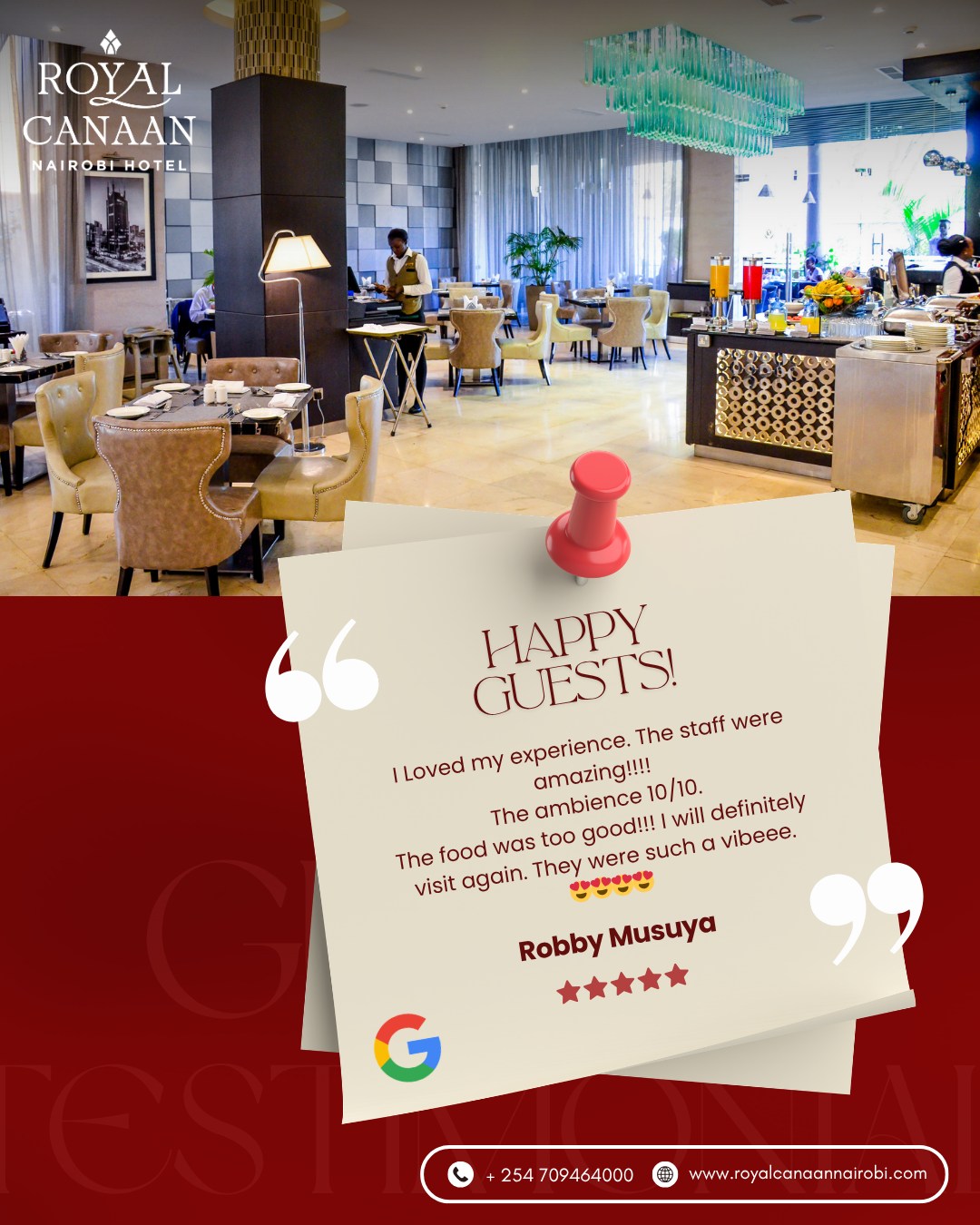 ✨ #WeekendMotivation 

Nothing motivates us more than seeing our guests leave with full hearts, happy memories, and plans to return.

A big thank you to Robby Musuya for the wonderful review! From the warm hospitality and inviting ambiance to the delicious food and vibrant atmosphere, we're delighted that your experience was one to remember.

As the weekend approaches, treat yourself to great food, genuine hospitality, and moments worth sharing at @royalcanaannairobihotel.

Book Direct for the best available rates:
🌐https://royalcanaannairobi.com 📲 0780 977 765
.
.
#WeekendMotivation #RoyalCanaanNairobiHotel #GuestReview #GuestFeedback #FiveStarReview #BookDirect #NairobiHotels #GuestExperience #TravelKenya
