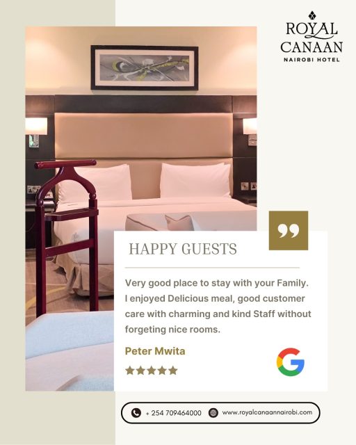 ✨ #MondayMotivation ✨

Guest smiles are the motivation behind everything we do.

A big thank you to Peter Mwita for the wonderful review and for choosing @royalcanaannairobihotel for your family stay. We're delighted you enjoyed our rooms, hospitality, and dining experience.

Ready for your next Nairobi stay? Book Direct on our website and save:

🌐 https://royalcanaannairobi.com
📲 WhatsApp: 0780 977 765
.
.
#MondayMotivation #RoyalCanaanNairobiHotel #BookDirect #NairobiHotels #FamilyTravel #GuestExperience #Guestfeedback #FiveStarReview #HappyGuests