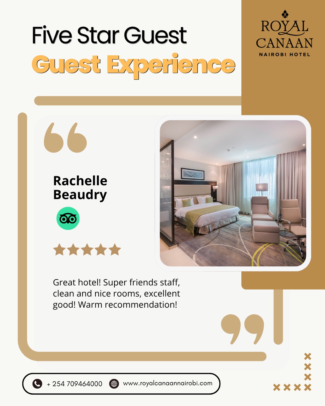✨ #MidweekMotivation | Nothing inspires us more than happy guests.

Thank you, Ms. Rachelle Beaudry, for your wonderful review and recommendation. From our welcoming team and comfortable rooms to great dining experiences, we're delighted to have made your stay memorable. We look forward to hosting you again when you are in #Nairobi.

🌐 Book Direct for the best rates: https://royalcanaannairobi.com
📲 WhatsApp Us: 0780 977 765

At @royalcanaannairobihotel - Your comfort. Our commitment.
.
.
#MidweekMotivation #RoyalCanaanNairobiHotel #GuestFeedback #FiveStarReview #HappyGuests #BookDirect #NairobiHotels #GuestExperience