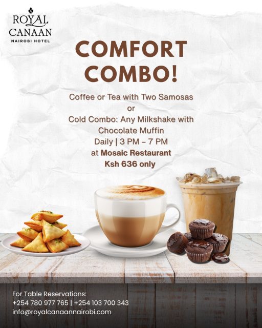 Sometimes, the perfect break is simple. ☕

Pause your day and enjoy our comforting combo at Mosaic Restaurant — whether you prefer a warm cup of coffee or tea with crispy samosas, or a refreshing milkshake paired with a rich chocolate muffin, we’ve got your cravings covered.

🕒 Daily | 3 PM – 7 PM
📍 Mosaic Restaurant, @royalcanaannairobihotel 
💰 Ksh 636 only

📞 Reserve your table: +254 780 977 765 | +254 103 700 343
.
.
#RoyalCanaanNairobiHotel #MosaicRestaurant #Coffee #Tea #AfternoonTreats #CoffeeMoments #Milkshake #NairobiHotels #NairobiRestaurants #Muffins #samosa