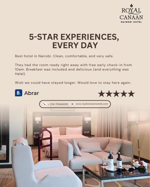 ⭐⭐⭐⭐⭐ 5-Star experiences aren't claimed—they're shared by our guests.

There's nothing more rewarding than knowing our guests leave with wonderful memories. From a seamless early check-in to comfortable rooms, delicious halal breakfast, and genuine hospitality, every detail is designed to make you feel at home.

Thank you, Mr. Abrar, for your kind words and for choosing @royalcanaannairobihotel . We can't wait to welcome you back!

✨ Ready for your own 5-star experience?

Book direct for the best available rates.
🌐 www.royalcanaannairobi.com (Link in bio)
📞 WhatsApp: +254 780 977 765 
💬 Or send us a DM to reserve your stay.
.
.
#RoyalCanaanNairobiHotel #GuestReview #GuestExperience #NairobiHotels #BookDirect #VisitNairobi #HappyGuests #GuestFeedback #StayInNairobi