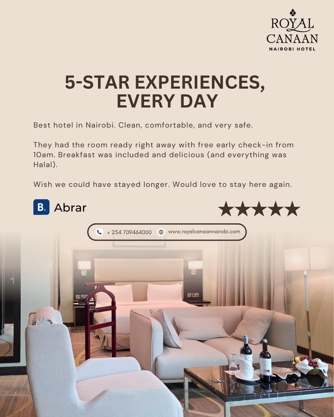 ⭐⭐⭐⭐⭐ 5-Star experiences aren't claimed—they're shared by our guests.

There's nothing more rewarding than knowing our guests leave with wonderful memories. From a seamless early check-in to comfortable rooms, delicious halal breakfast, and genuine hospitality, every detail is designed to make you feel at home.

Thank you, Mr. Abrar, for your kind words and for choosing @royalcanaannairobihotel . We can't wait to welcome you back!

✨ Ready for your own 5-star experience?

Book direct for the best available rates.
🌐 www.royalcanaannairobi.com (Link in bio)
📞 WhatsApp: +254 780 977 765 
💬 Or send us a DM to reserve your stay.
.
.
#RoyalCanaanNairobiHotel #GuestReview #GuestExperience #NairobiHotels #BookDirect #VisitNairobi #HappyGuests #GuestFeedback #StayInNairobi