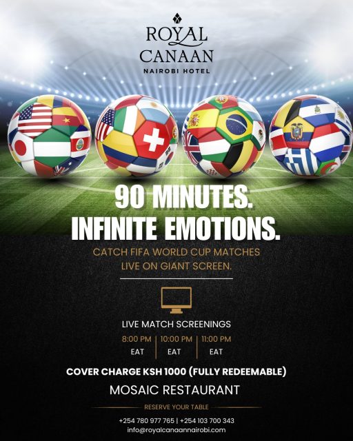⚽ Football nights are better together! 🍻

The FIFA World Cup action is LIVE at @royalcanaannairobihotel!

Watch every big match on our giant screen, enjoy great food & drinks, and experience the electric atmosphere with fellow fans.

🎟️ Fully Redeemable Cover Charge: KSh 1,000

📍 Mosaic Restaurant

📲 DM us or WhatsApp +254 780 977 765 to reserve your table before they're gone.
.
.
#FIFAWorldCup #WatchParty #NairobiEvents #FootballNight #LiveScreening #RoyalCanaanNairobiHotel #MosaicRestaurant