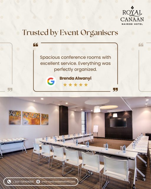 Planning your next meeting, training session, or corporate event?

Join the many event organisers who trust @royalcanaannairobihotel  for spacious conference facilities, attentive service, and seamless event experiences.

From board meetings to workshops and corporate gatherings, we're here to ensure every event runs smoothly.

📍 Book your next event with us today.
📞 Call/WhatsApp: +254 709 464 000
🌐 www.royalcanaannairobi.com (link in bio)
.
.
#RoyalCanaanNairobi #ConferenceVenue #MeetingsInNairobi #CorporateEvents #BusinessMeetings #EventPlanning #ConferenceRooms #NairobiBusiness #HospitalityExcellence #TrustedByGuests #GuestReview #HappyGuests #GuestFeedback