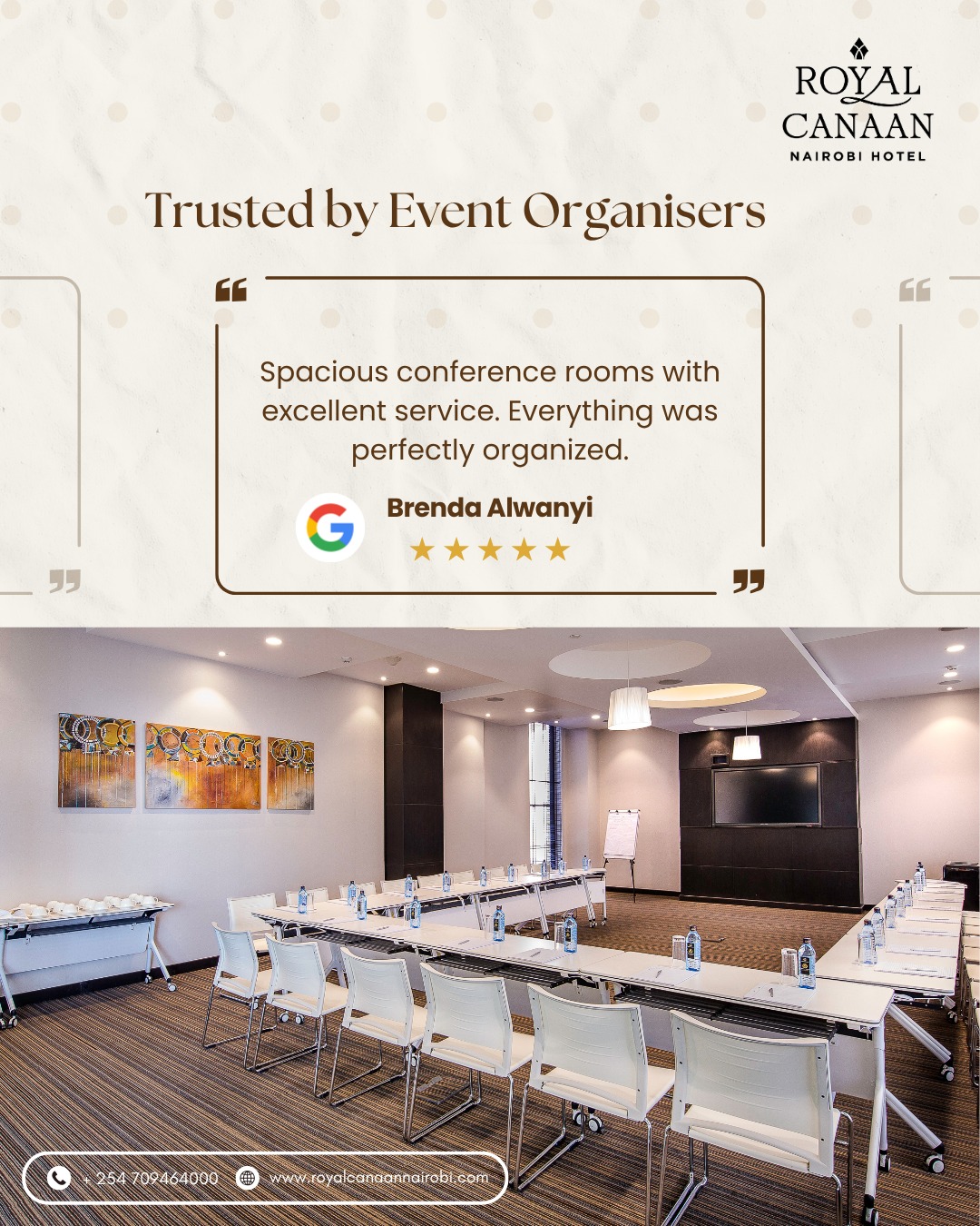 Planning your next meeting, training session, or corporate event?

Join the many event organisers who trust @royalcanaannairobihotel  for spacious conference facilities, attentive service, and seamless event experiences.

From board meetings to workshops and corporate gatherings, we're here to ensure every event runs smoothly.

📍 Book your next event with us today.
📞 Call/WhatsApp: +254 709 464 000
🌐 www.royalcanaannairobi.com (link in bio)
.
.
#RoyalCanaanNairobi #ConferenceVenue #MeetingsInNairobi #CorporateEvents #BusinessMeetings #EventPlanning #ConferenceRooms #NairobiBusiness #HospitalityExcellence #TrustedByGuests #GuestReview #HappyGuests #GuestFeedback