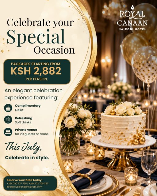✨ Every celebration deserves a beautiful setting.

From birthdays and anniversaries to baby showers, graduations and intimate gatherings, let @royalcanaannairobihotel make your special day truly memorable.

🎂 Packages from KSh 2,882 per person
✔ Complimentary cake ✔  Soft drinks ✔ Private venue for 20+ guests

📅 July dates are filling up fast.

📲 WhatsApp us or send us a DM to check availability and reserve your preferred date today.
.
.
#RoyalCanaanNairobiHotel #EventSpaces #EventVenue #PrivateEvents #SpecialOccasions #NairobiEvents #BirthdayCelebration #AnniversaryParty #PrivateParty