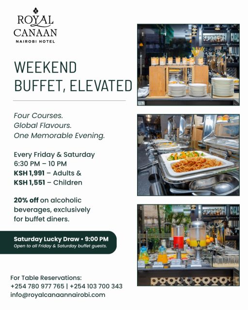🍽️ Weekend Buffet, Elevated.

Great food. Global flavours. One memorable evening.

✨ Four-course buffet
🍷 20% off alcoholic beverages
🎁 Saturday Lucky Draw at 9:00 PM

📅 Every Friday & Saturday | 6:30 PM – 10:00 PM
💬 DM us to reserve your table.

#RoyalCanaanNairobiHotel #WeekendBuffet #MosaicRestaurant #NairobiDining #FoodiesKE #BuffetNairobi