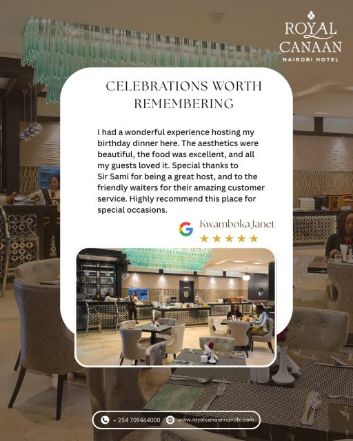 #MondayMotivation ✨

The best celebrations are the ones that leave lasting memories.

A heartfelt thank you to Kwamboka Janet for choosing @royalcanaannairobihotel  to celebrate such a special occasion. We're delighted that our food, ambiance, and warm hospitality made your birthday truly unforgettable.

Planning your next celebration? Let us make it one to remember.

🌐 Book Direct: https://royalcanaannairobi.com
📲 WhatsApp: 0780 977 765
.
.
#MondayMotivation #RoyalCanaanNairobiHotel #GuestFeedback #HappyGuests #BookDirect #CelebrateWithUs #NairobiHotels #GuestExperience