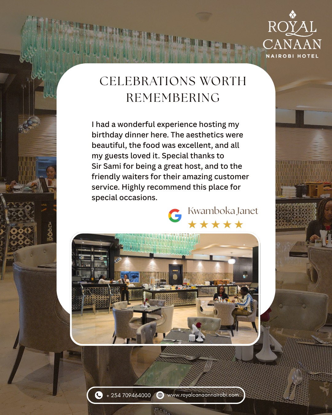 #MondayMotivation ✨

The best celebrations are the ones that leave lasting memories.

A heartfelt thank you to Kwamboka Janet for choosing @royalcanaannairobihotel  to celebrate such a special occasion. We're delighted that our food, ambiance, and warm hospitality made your birthday truly unforgettable.

Planning your next celebration? Let us make it one to remember.

🌐 Book Direct: https://royalcanaannairobi.com
📲 WhatsApp: 0780 977 765
.
.
#MondayMotivation #RoyalCanaanNairobiHotel #GuestFeedback #HappyGuests #BookDirect #CelebrateWithUs #NairobiHotels #GuestExperience
