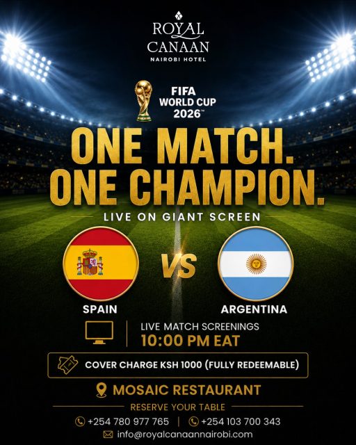 🏆 One Match. One Champion.

The biggest night in world football is here! ⚽

Join us at Mosaic Restaurant as Spain 🇪🇸 take on Argentina 🇦🇷 in the FIFA World Cup Final, LIVE on our giant screen.

Expect an electric atmosphere, delicious food, refreshing drinks and fellow football fans cheering every moment together.

🕙 Kick-off: 10:00 PM EAT
🎟️ Cover Charge: KES 1,000 (Fully Redeemable)

⚠️ Tables are limited and expected to fill up fast.

📲 Reserve your table now by WhatsApp, calling us or sending us a DM.

☎️ +254 780 977 765 📲 +254 103 700 343

See you at Mosaic Restaurant for football's biggest night! 🌍⚽

#FIFAWorldCup2026 #WorldCupFinal #SpainVsArgentina #LiveScreening #MosaicRestaurant #RoyalCanaanNairobiHotel #FootballNight #NairobiEvents